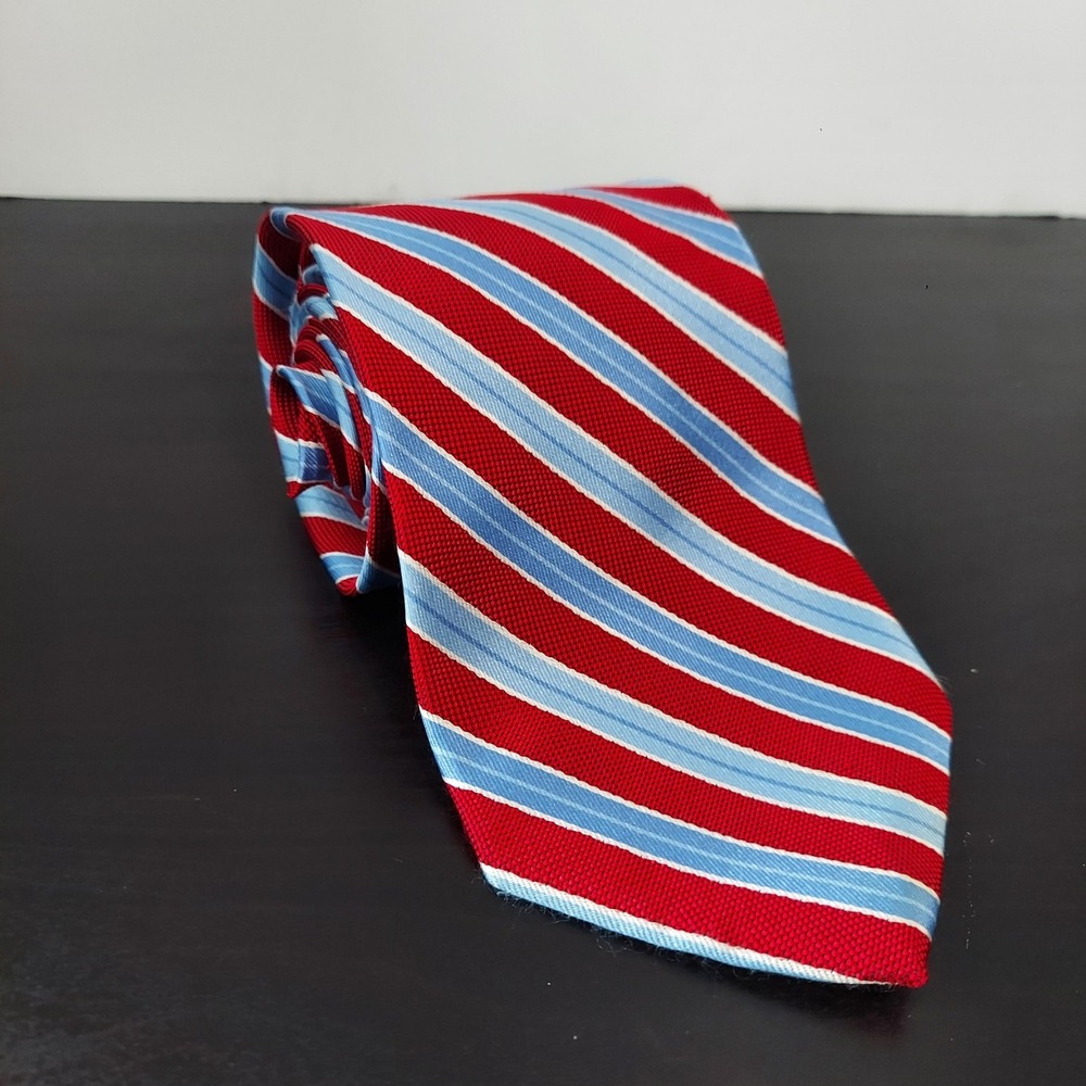 Brooks Brothers Makers Tie Mens Red Blue Stripe Stain Resistant Woven USA